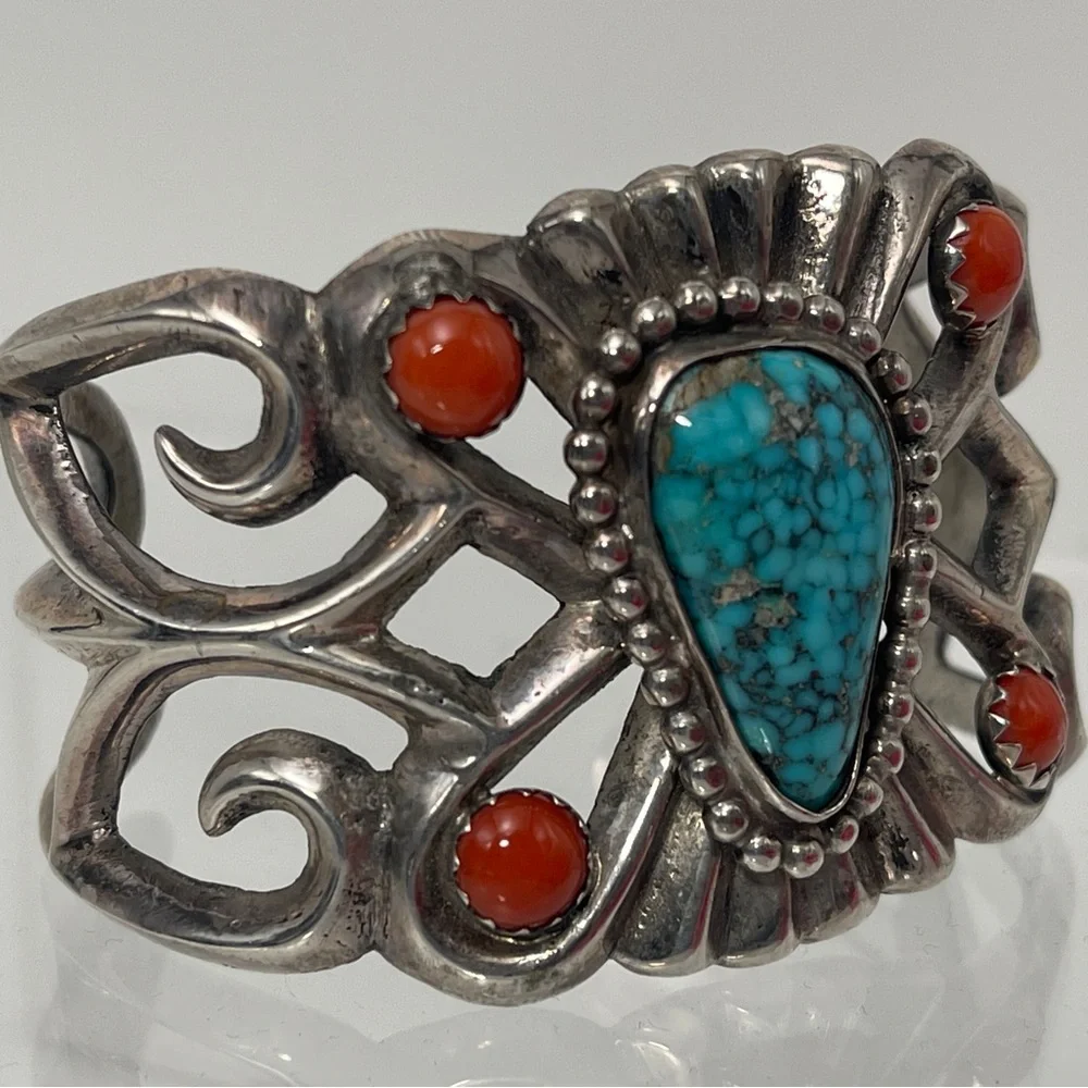 Silver and Turquoise Bracelet with Red Accents - Picture 1 of 4